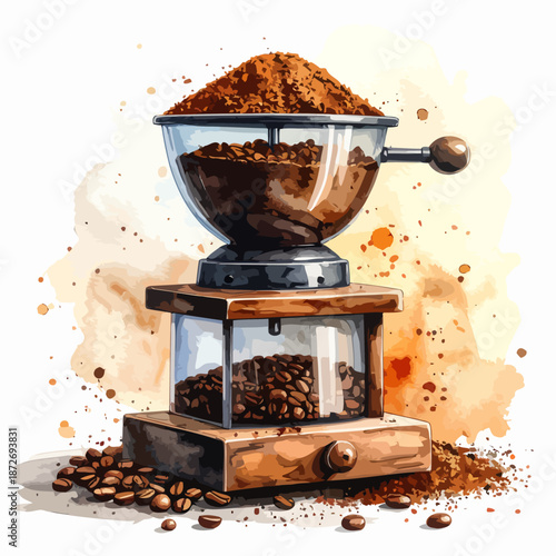 Vintage manual coffee grinder with whole and ground coffee beans.