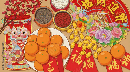 Chinese New Year decoration set, auspicious items : mandarin oranges, gold coins, red envelopes, ornament - Lunar celebration, luck, prosperity, wealth blessings, gift, money, good fortune symbol 