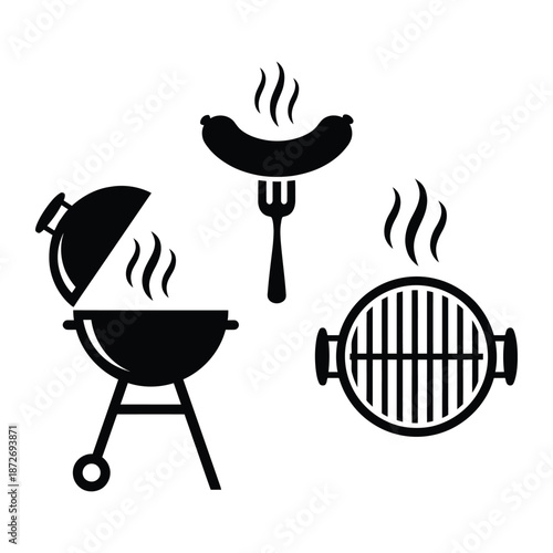 Black and white illustration depicting barbecue elements a sausage grill fork and smoke