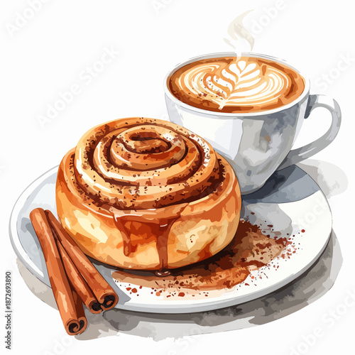 Watercolor painting of a delicious cinnamon roll with coffee.
