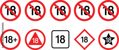 Adult restriction 18+ icons set, red warning signs, age limit symbols for content labeling and safety compliance designs