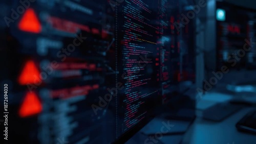 Dark server rack monitor with cybersecurity code, alert icons glowing red and blue for monitoring