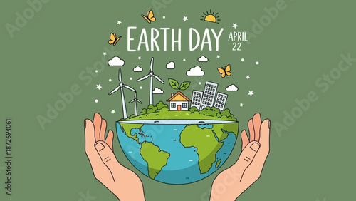 Hands cradle the Earth, symbolizing environmental protection and sustainability on Earth Day, April 22, with wind turbines and a green city.
