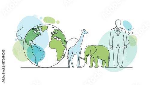 фотографія A continuous line drawing depicts the Earth, various animals, and a person in a suit, symbolizing the interconnectedness of life and human impact on the planet