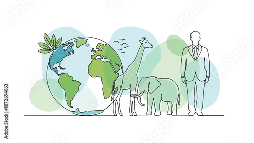 Illustration of Earth with animals and a person, symbolizing environmental conservation and human impact.