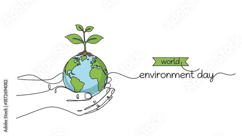 Hands cradle the Earth with a seedling growing from its surface, symbolizing World Environment Day.