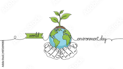 Hands cradle the Earth with a seedling growing from it, symbolizing World Environment Day.