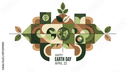 Abstract geometric illustration celebrating Earth Day with green and brown tones, featuring leaves and a globe.