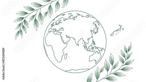 A hand-drawn illustration of the Earth with green leaves framing the planet.