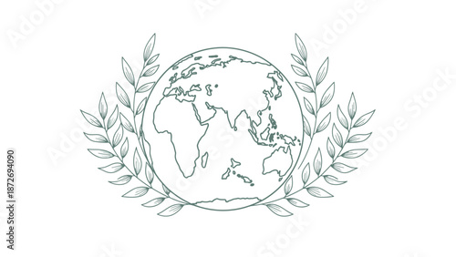 A stylized illustration of planet Earth encircled by a laurel wreath, symbolizing peace and global unity.