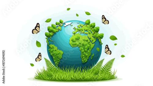 A vibrant illustration of planet Earth, adorned with lush green trees and foliage, symbolizing environmental health and nature's beauty, with butterflies fluttering around.