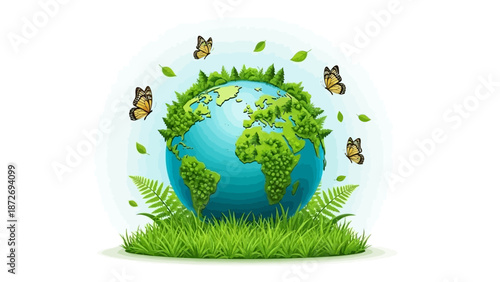 A vibrant illustration of planet Earth covered in lush green vegetation and surrounded by fluttering butterflies and delicate leaves.