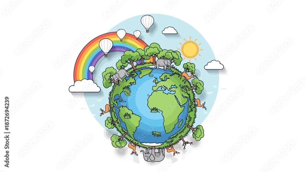 Naklejka premium A vibrant illustration of planet Earth adorned with lush trees, a rainbow, and hot air balloons, symbolizing environmental harmony and global connection.