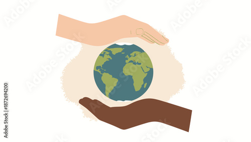 Two hands, one light-skinned and one dark-skinned, gently cradling the Earth, symbolizing global unity and care.