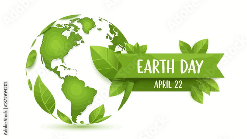 Earth Day illustration with a globe and green leaves, celebrating environmental awareness.