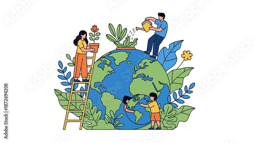 A diverse group of people are actively engaged in planting and nurturing plants on a vibrant depiction of planet Earth, symbolizing environmental care and global sustainability.