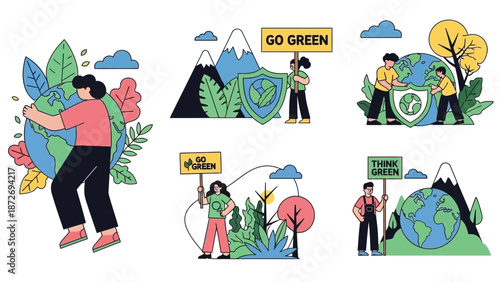 Illustrations depicting people advocating for environmental protection and sustainability with symbols of nature and the planet.