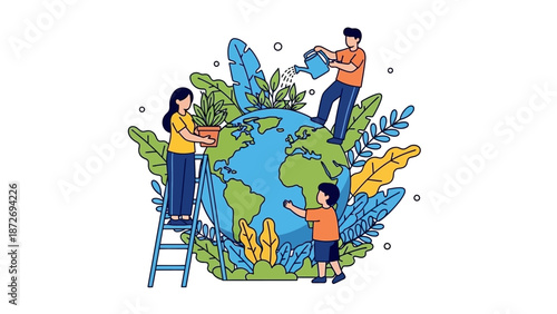 A family tending to the Earth, symbolizing environmental care and sustainability.