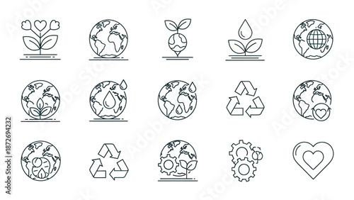 A collection of line art icons representing environmental themes, including the Earth, recycling symbols, water drops, plants, and hearts.