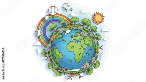 A vibrant illustration of planet Earth surrounded by lush greenery, trees, hot air balloons, and a rainbow, symbolizing a healthy and happy environment.