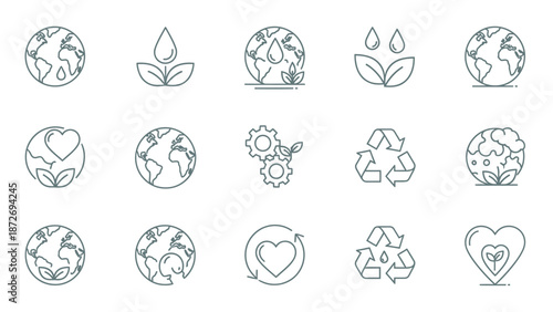A collection of line art icons representing environmental sustainability and eco-friendly concepts.