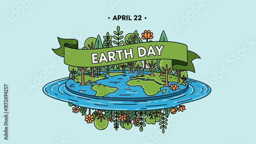 Illustration of planet Earth with trees and plants growing on it, celebrating Earth Day on April 22nd.