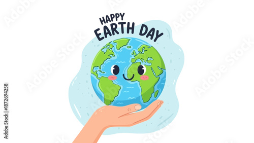 A cute cartoon illustration of planet Earth with a happy face, held gently in a human hand, celebrating Earth Day.
