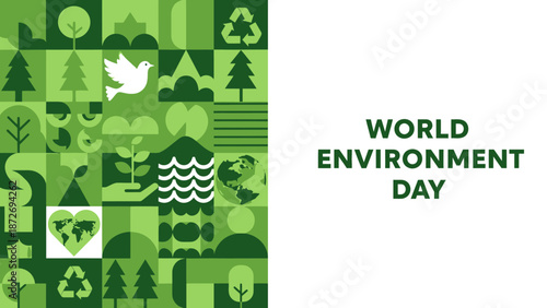 World Environment Day graphic with green abstract patterns and symbols of nature like trees, plants, and a dove.