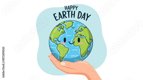 A cute cartoon illustration of planet Earth with a happy face, held gently in a person's hand, celebrating Earth Day.