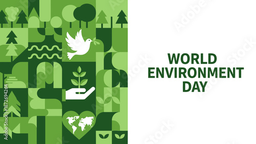 World Environment Day graphic with abstract green patterns, a dove, a hand holding a plant, and a heart with a world map.