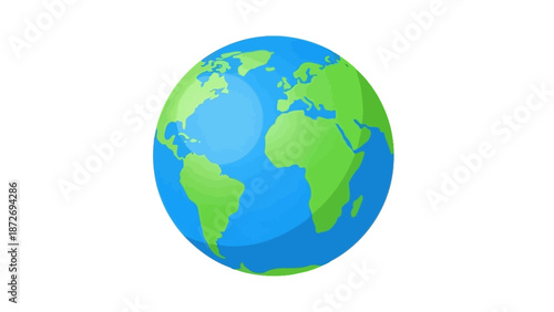 A vibrant, stylized illustration of planet Earth, showcasing continents in green and oceans in blue, against a clean white background.