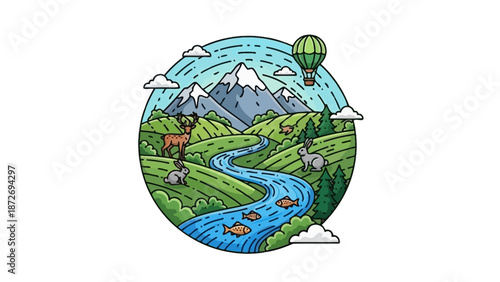 A vibrant illustration depicts a serene natural landscape with a winding river, majestic mountains, lush green hills, diverse wildlife, and a hot air balloon floating in the sky.