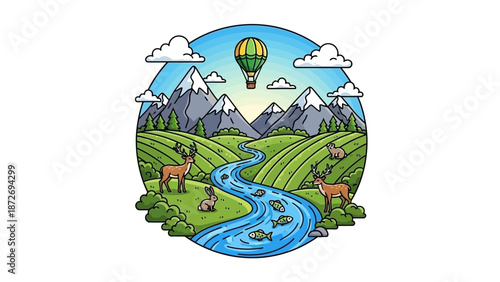 A vibrant cartoon illustration of a scenic landscape with a winding river, rolling green hills, majestic mountains, and a hot air balloon floating in the sky.