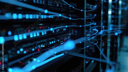 High tech server rack with glowing network cables and blue LED lights showing data connection rack