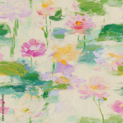 Pastel Impressionist Lotus Blossoms Seamless Pattern: soft floral artwork in gentle hues, perfect for textiles, wrapping paper, decorative surfaces, or other creative projects