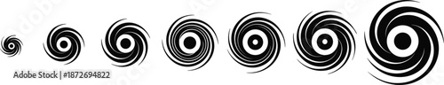Spiral vortex icons for motion graphics, swirl symbols, cyclone shapes, abstract rotation designs, hypnotic circular vector elements