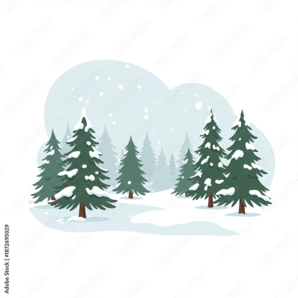 Fototapeta premium Snowy Pine Forest Winter Landscape Illustration