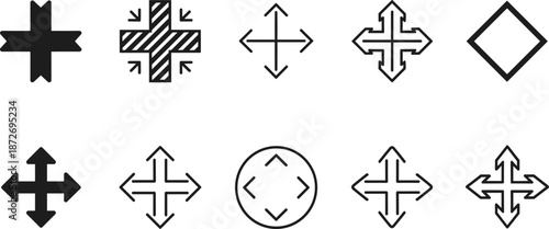 Directional arrow icons for move, expand, navigation, interface controls, cursor symbols, drag elements, and UI design graphics