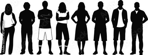 Black silhouettes of diverse standing people in casual clothing for urban architectural rendering cad drawing flat vector illustration set isolated
