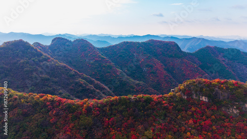 Autumn red leaves blanket the mountains, creating a continuous layer of forest colors. The aerial view reveals a continuous range of layered mountain scenery