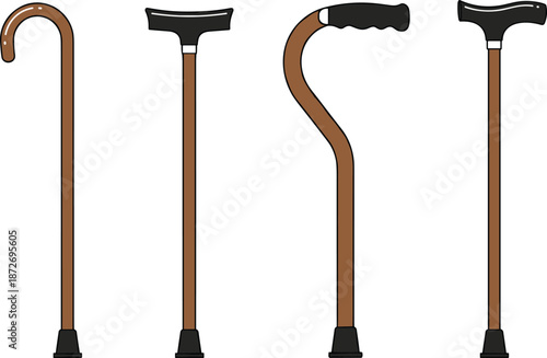 Walking cane icons for mobility support, elderly assistance, rehabilitation, disability aid, medical equipment, and orthopedic support designs