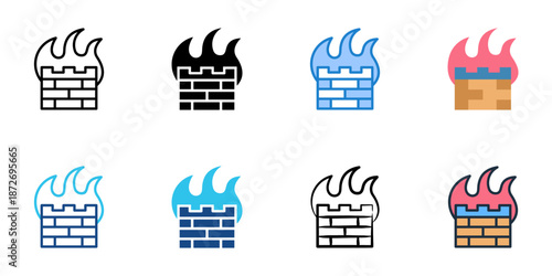 Firewall icons set multiple style collection. Editable stroke 
