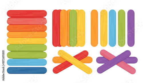 Cute colorful wooden craft sticks for kids games and learning flat doodle vector set isolated on transparent background