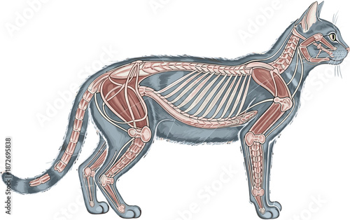 Detailed feline anatomical illustration showing cat skeletal and muscular systems with transparent overlay, labeled structures for veterinary education and biological study