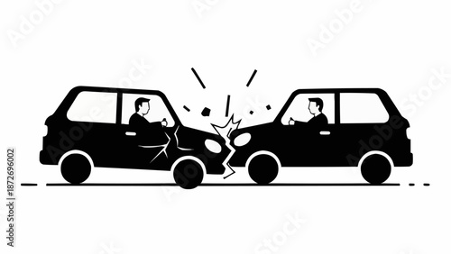 Two cars in a head on collision with drivers inside.