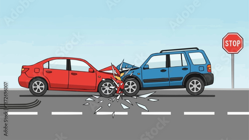 Two cars in a head on collision on a road.