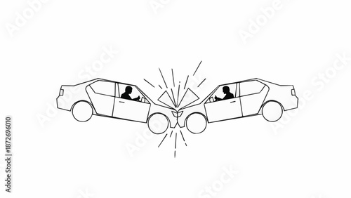 Two cars in a head on collision with drivers inside.