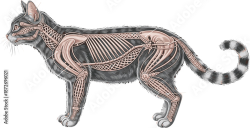 Detailed feline anatomical illustration showing cat muscular system with transparent fur overlay, labeled muscle groups, veterinary education, biology and anatomy reference