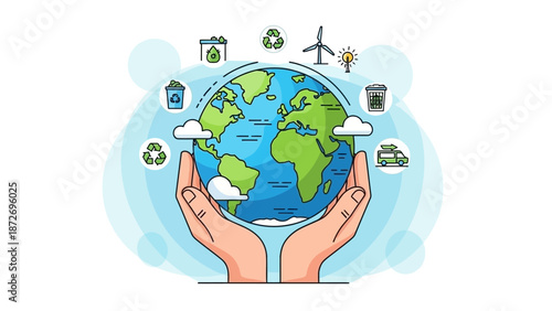 Hands cradling the Earth, symbolizing environmental protection and sustainability with eco-friendly icons.