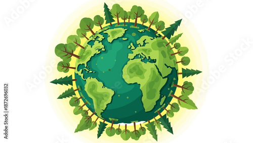 A vibrant illustration of planet Earth surrounded by a lush green forest, symbolizing environmental protection and ecological balance.